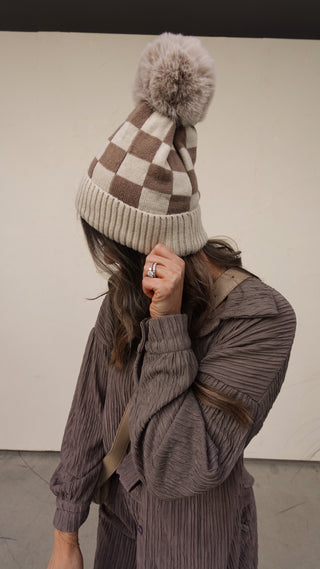 Beige Checkered Pom Beanie