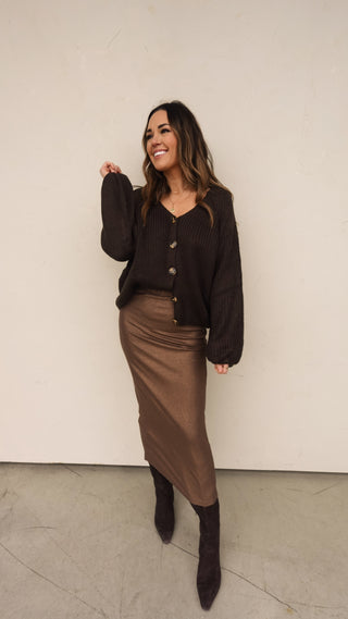 Coffee Metallic Ribbed Midi Skirt