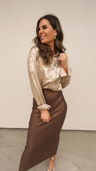 Coffee Metallic Ribbed Midi Skirt