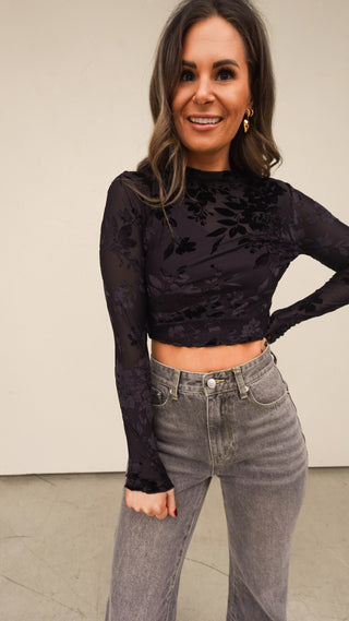 Black Mesh Floral Velvet Top