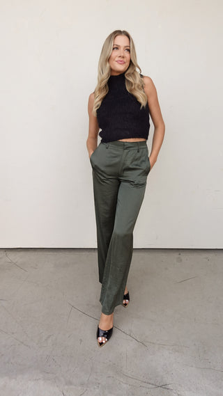 Olive Satin Wide-Leg Trousers