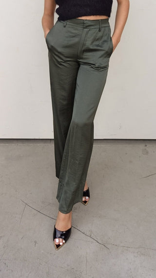 Olive Satin Wide-Leg Trousers