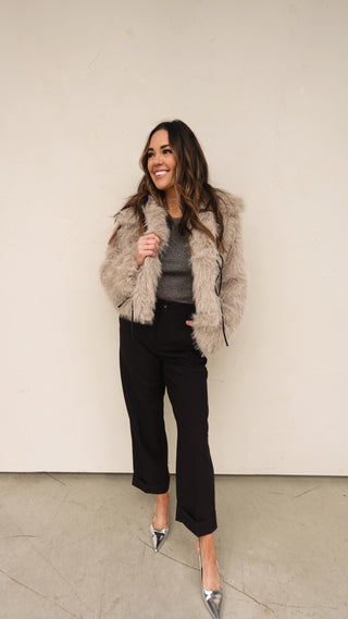 Taupe Gray Faux Fur Jacket with Ties