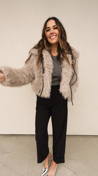 Taupe Gray Faux Fur Jacket with Ties