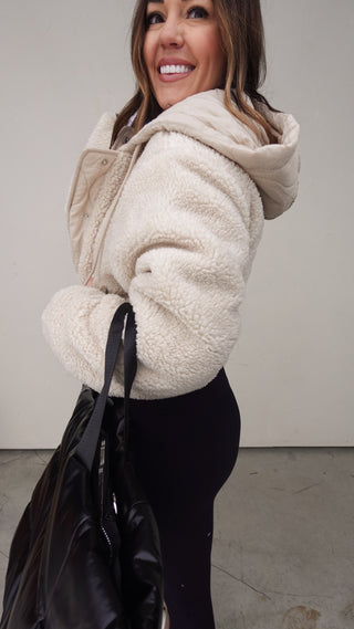 Ivory Sherpa Hooded Snap-Front Jacket