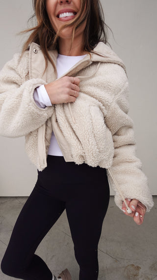 Ivory Sherpa Hooded Snap-Front Jacket