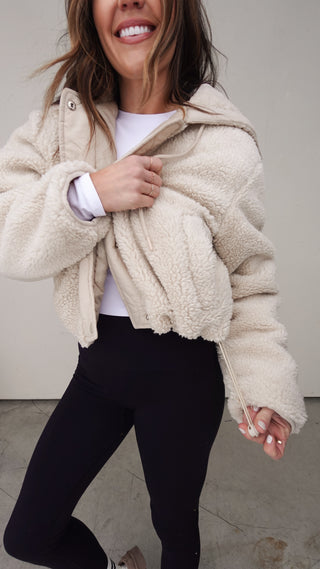 Ivory Sherpa Hooded Snap-Front Jacket