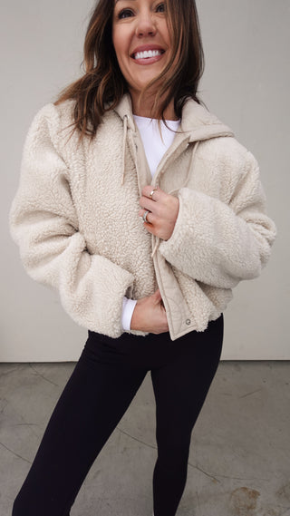 Ivory Sherpa Hooded Snap-Front Jacket