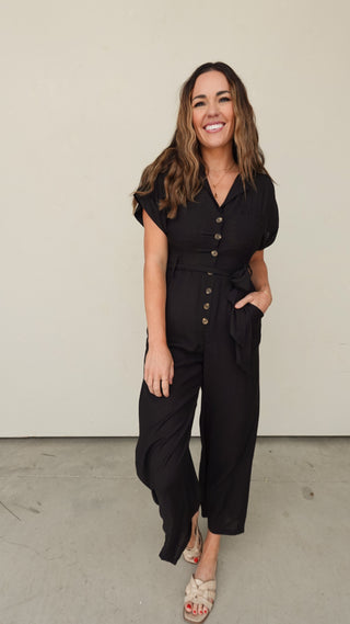 Black Button-Down Belted Wide-Leg Jumpsuit