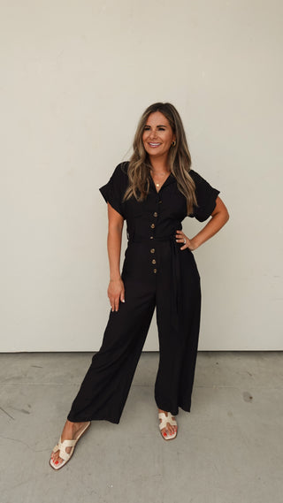 Black Button-Down Belted Wide-Leg Jumpsuit