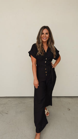 Black Button-Down Belted Wide-Leg Jumpsuit