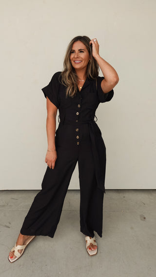 Black Button-Down Belted Wide-Leg Jumpsuit