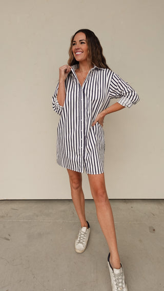 White/Navy Striped Shirt Dress