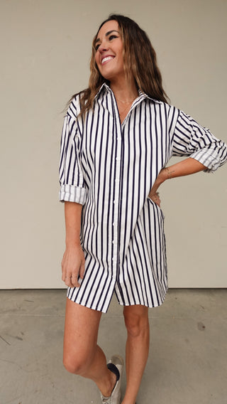 White/Navy Striped Shirt Dress