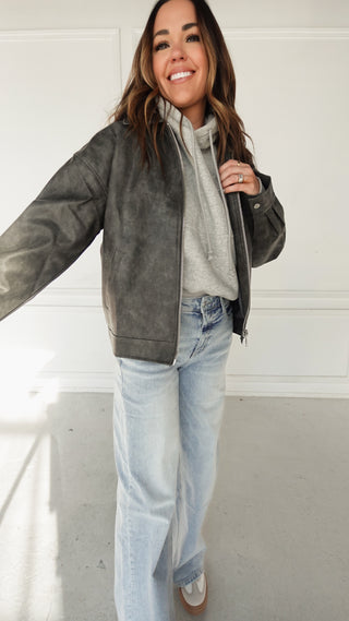 Washed Grey Leather Bomber Jacket