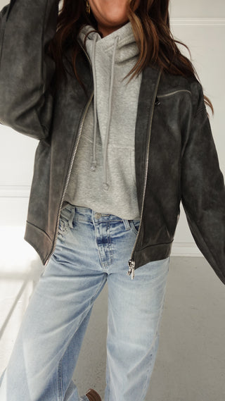 Washed Grey Leather Bomber Jacket