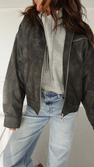 Washed Grey Leather Bomber Jacket