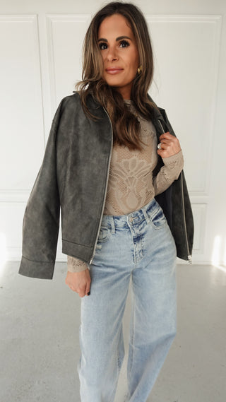 Washed Grey Leather Bomber Jacket