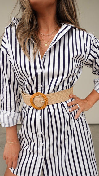 White/Navy Striped Shirt Dress