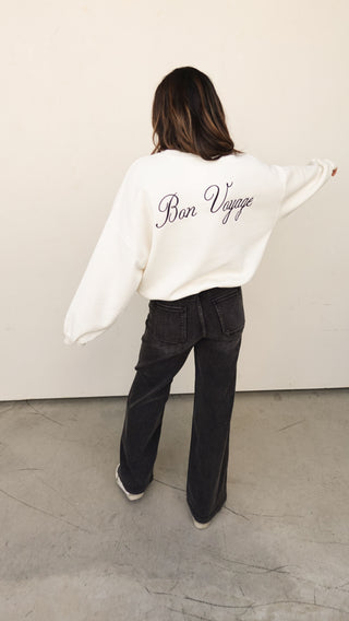 Cream Bon Voyage Embroidered Crewneck Sweatshirt