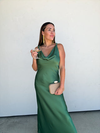 Green Satin Open Back Twist-Strap Maxi Dress