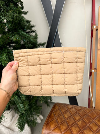 Tan Quilted Cosmetic Pouch