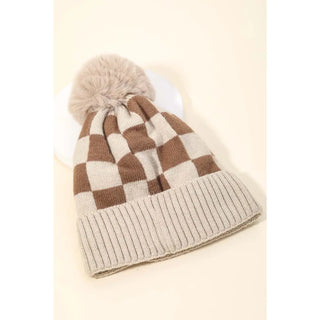 Beige Checkered Pom Beanie