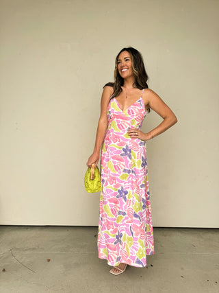 Floral Print Open Back Linen Maxi With Tassels