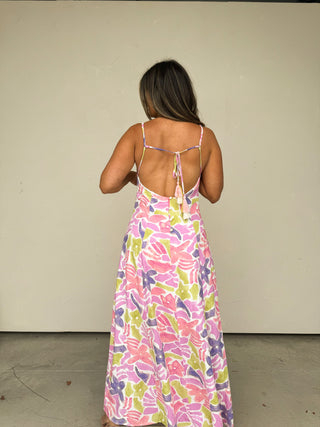 Floral Print Open Back Linen Maxi With Tassels